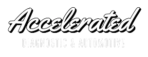 Logo with cursive white text reading Accelerated above bold, capitalized text DIAGNOSTIC & AUTOMOTIVE, also in white, all set against a transparent background.