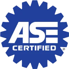 Blue gear-shaped badge with bold white letters ASE above the word CERTIFIED in white, indicating Automotive Service Excellence certification.