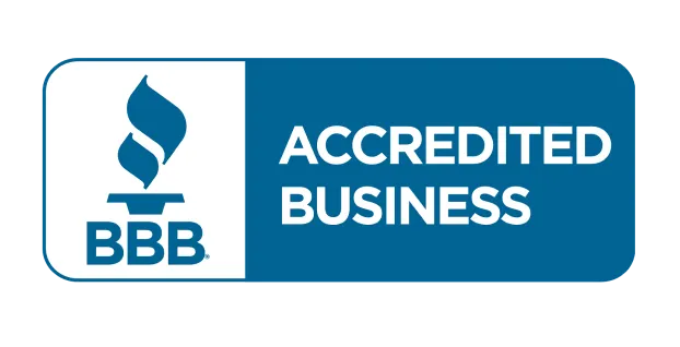 Blue and white “BBB Accredited Business” badge featuring the Better Business Bureau flame logo on the left and the words “Accredited Business” on the right.