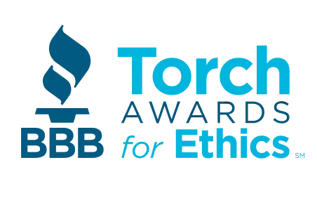 Blue and white logo for the BBB Torch Awards for Ethics, featuring a torch icon and text that reads, Torch Awards BBB for Ethics.
