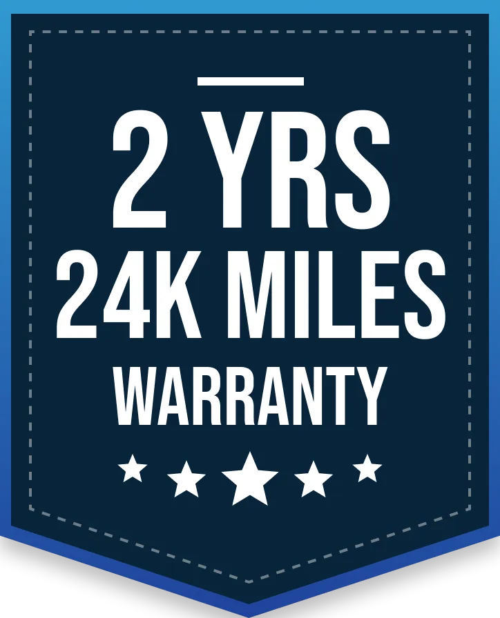 A blue shield-shaped badge with bold white text that reads: 2 YRS 24K MILES WARRANTY above a row of five white stars.