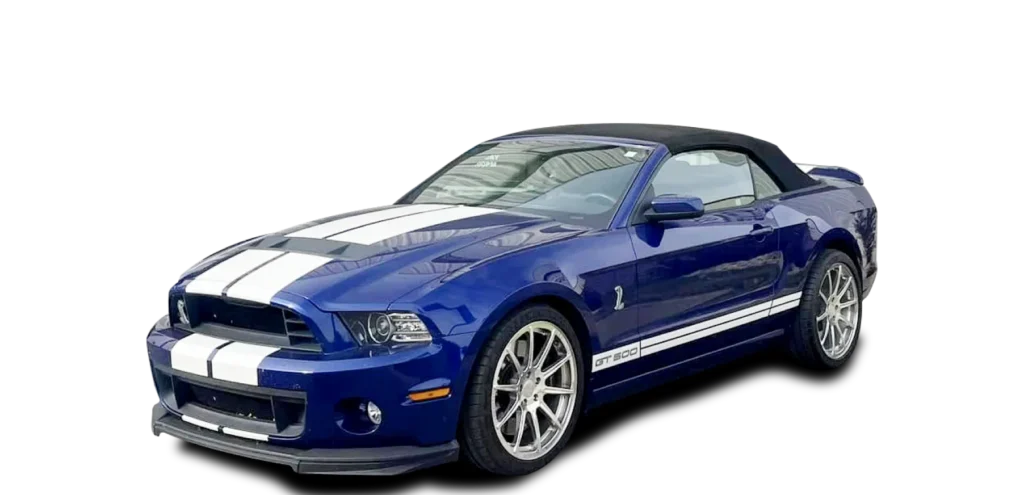 A blue Ford Mustang convertible with white racing stripes, a black soft top, and silver alloy wheels, viewed from the front left side against a transparent background.