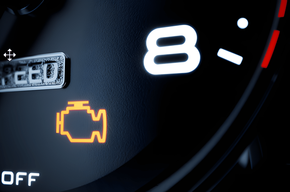 Close-up of a car dashboard showing a bright yellow-orange check engine warning light illuminated next to a speedometer or tachometer with the number 8 prominently displayed.